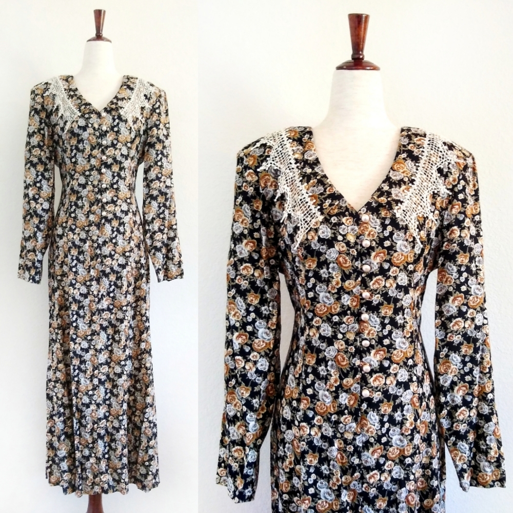 90s Vintage Dawn Joy Floral Rayon Maxi Dress Lace Collar Lace Up Back